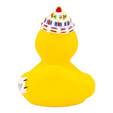 Connemara Country yellow rubber duck wearing a birthday cake hat with a candle and a Happy Birthday banner