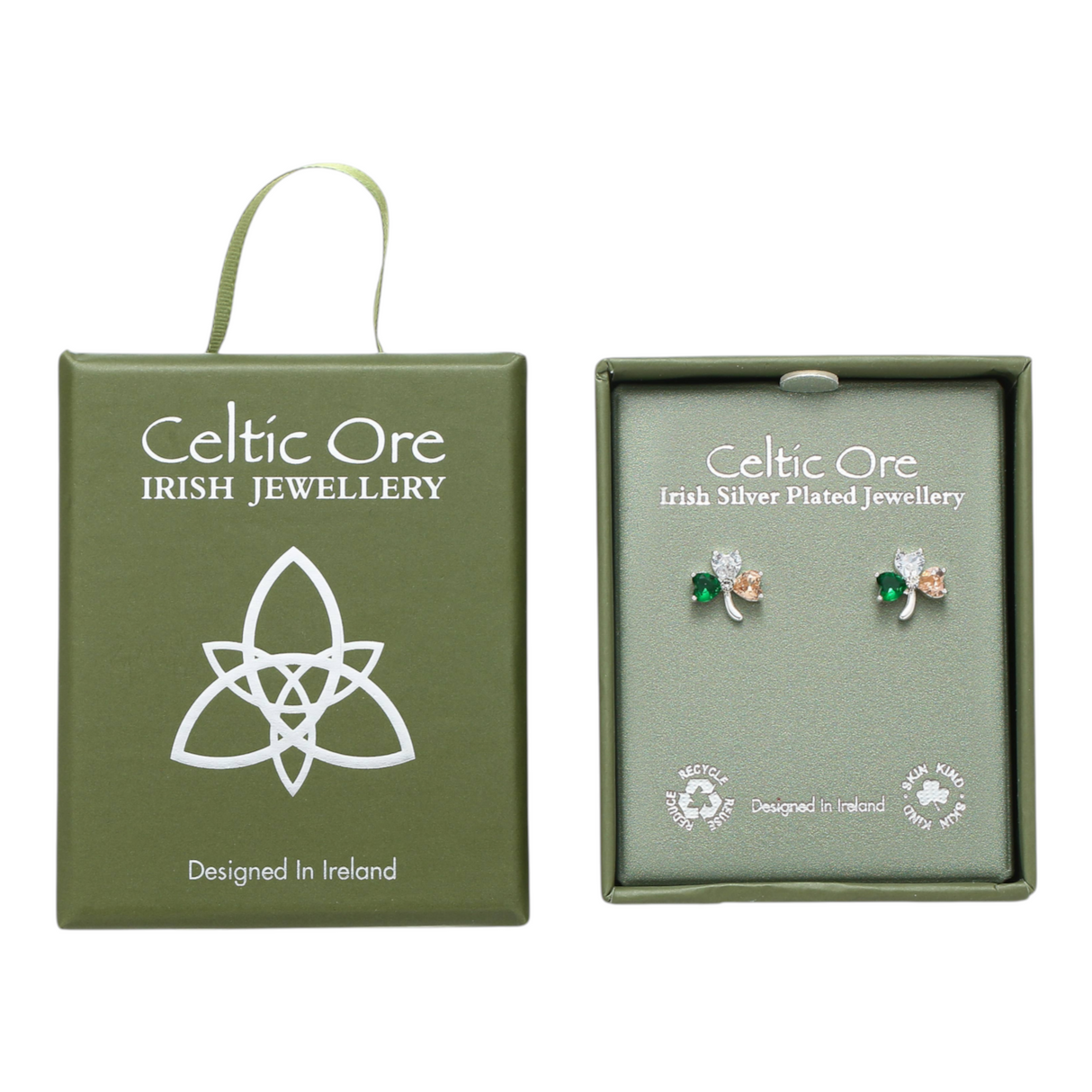 Celtic Ore Tricolour 3 Stone Shamrock Earrings