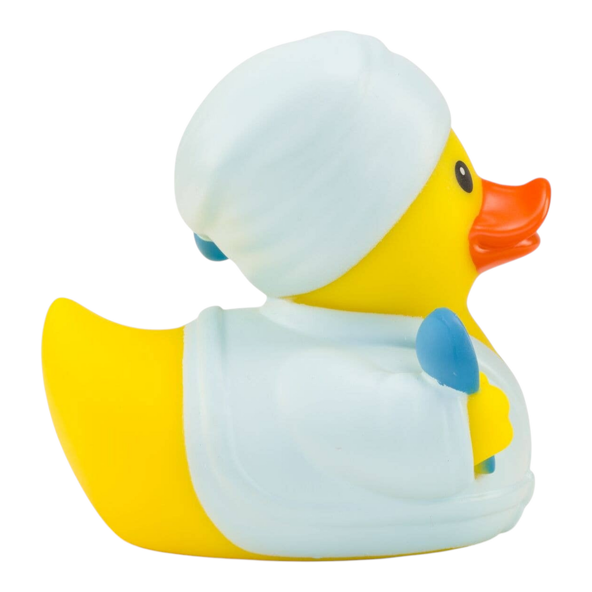 Connemara Country Antonia sauna rubber duck wearing a white bathrobe and towel turban with a small blue sauna ladle