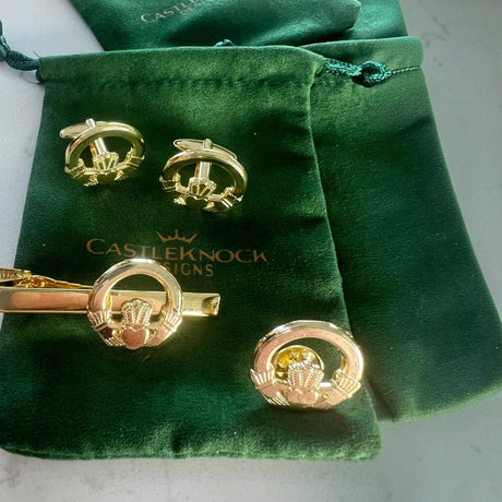 CastleKnock Designs Claddagh Ring Cufflinks Tie Clip Pin Set - Gold