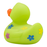 Connemara Country Beate Flower Meadow rubber duck in bright green with colorful floral patterns and orange beak