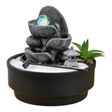 Connemara Country Bogota Zen garden indoor fountain with LED glass ball, sand, rake, and temple on a wooden table.