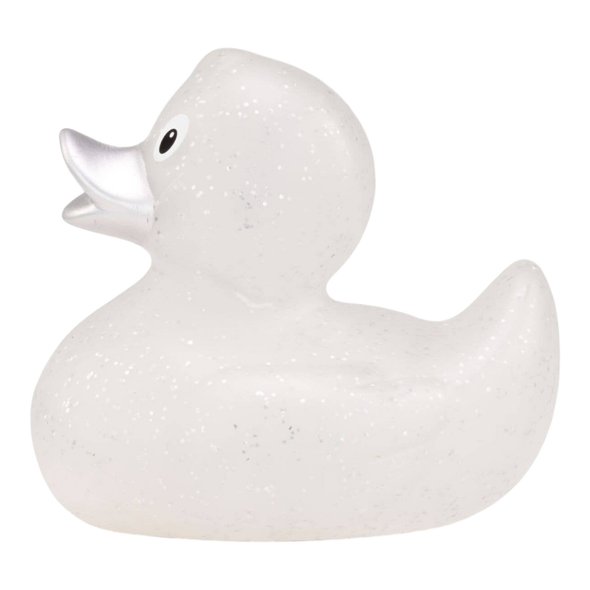 Connemara Country Silke Silver Glitter bath duck with a transparent body, silver sparkles, and a metallic silver beak.