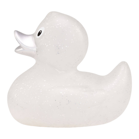 Connemara Country Silke Silver Glitter bath duck with a transparent body, silver sparkles, and a metallic silver beak.