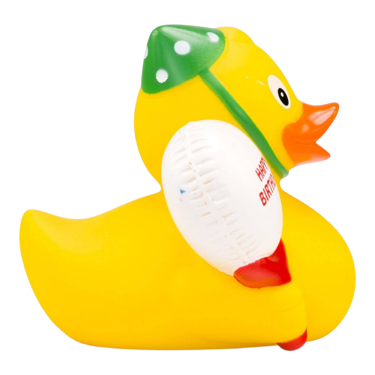 Connemara Country ROEMER WELLNESS Betty's Birthday yellow rubber duck with green party hat and Happy Birthday balloon