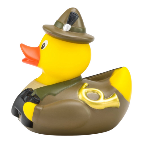 Connemara Country Jens Jäger rubber duck wearing a green hunting hat with binoculars and a gold hunting horn