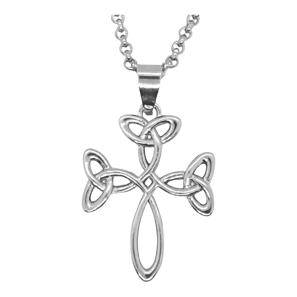 Connemara Country silver Celtic cross pendant featuring intricate knotwork on a matching silver chain.