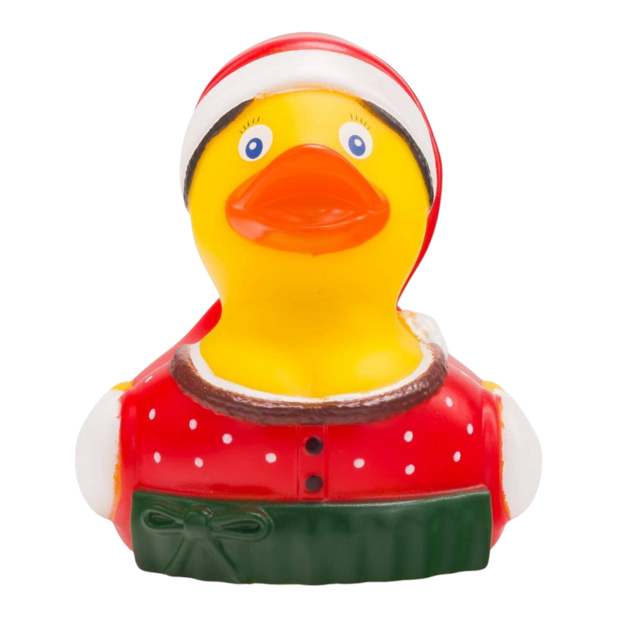 Connemara Country Theresa Trachtenherz rubber duck wearing a red Bavarian dirndl, green apron, and Christmas hat.