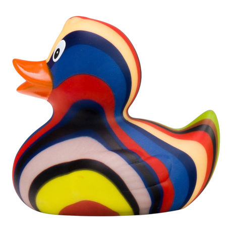 Connemara Country Lenny Stripes rubber duck with unique multicolored wavy stripes and an orange beak, 8 cm tall.