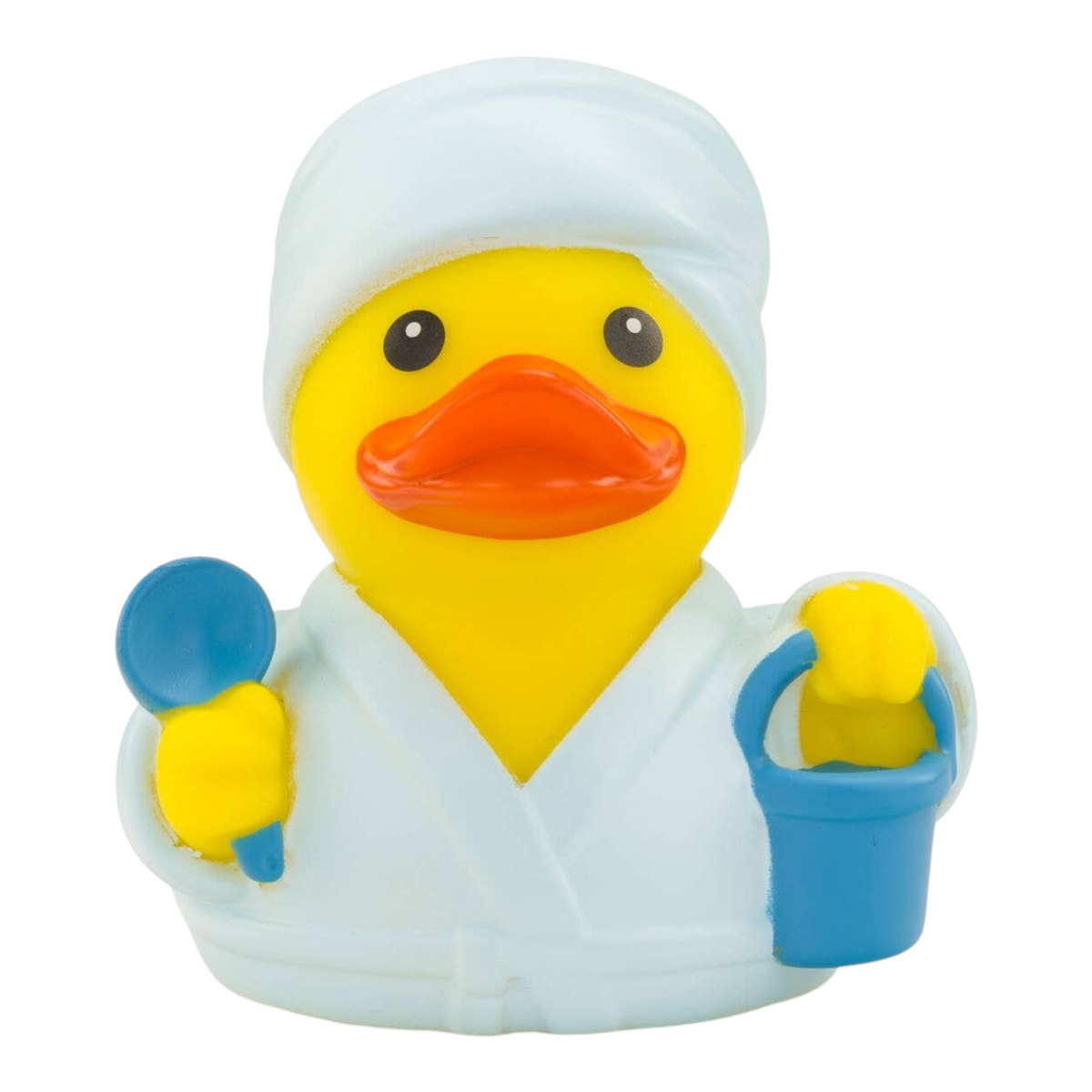 Connemara Country Antonia sauna rubber duck wearing a white bathrobe and towel turban with a blue bucket and ladle