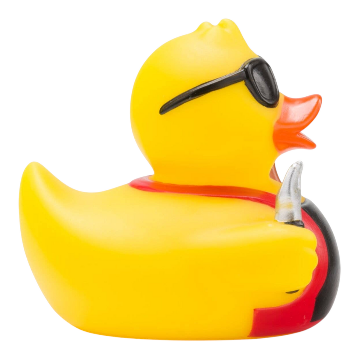 Connemara Country Ben BBQ rubber duck wearing sunglasses and a grill apron with a grilling fork, side view.