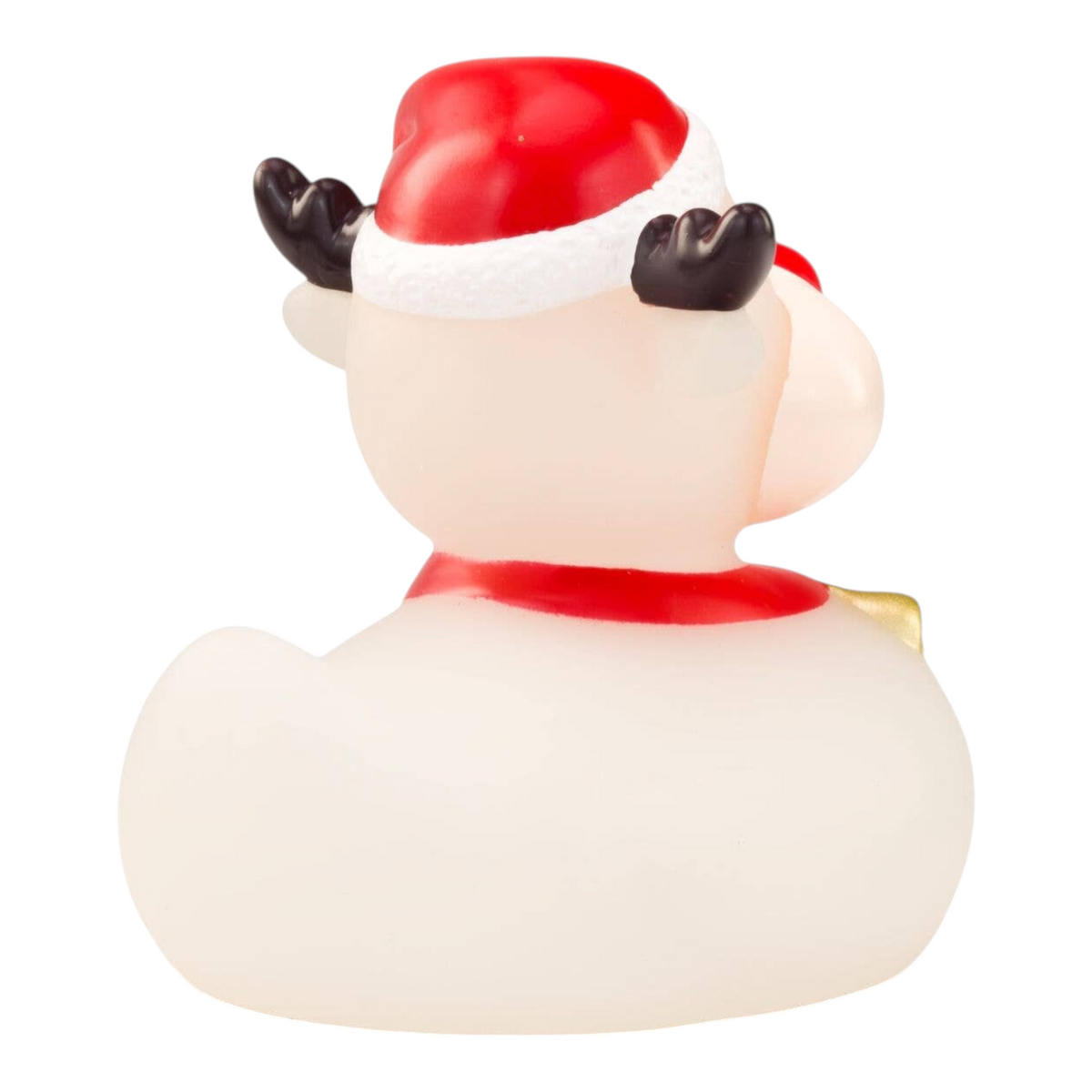 Connemara Country Rudolph the Reindeer rubber duck in white with a red Santa hat and collar, back view.