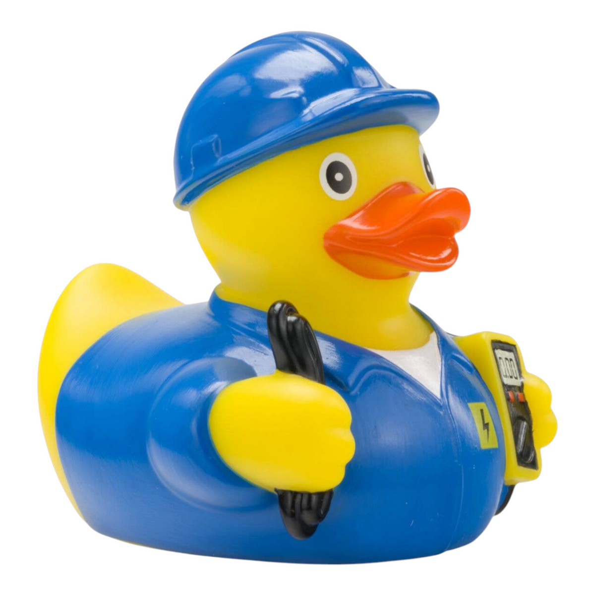 Connemara Country Erik the Electrician rubber duck wearing a blue hard hat and work uniform with a voltage tester