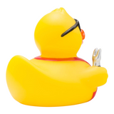 Connemara Country Ben BBQ rubber duck wearing sunglasses and a grill apron, holding a silver grilling fork